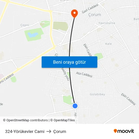 324-Yörükevler Cami to Çorum map