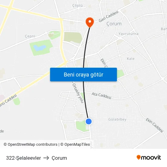322-Şelaleevler to Çorum map