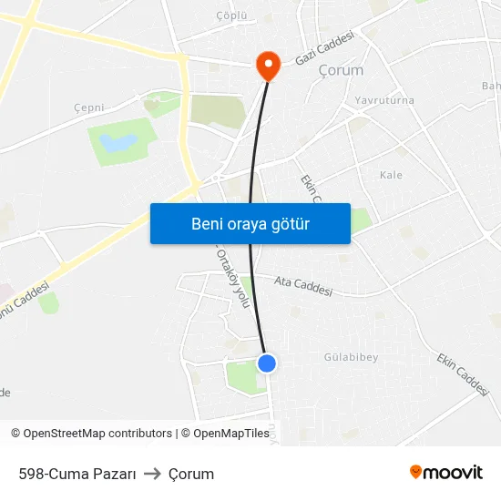 598-Cuma Pazarı to Çorum map