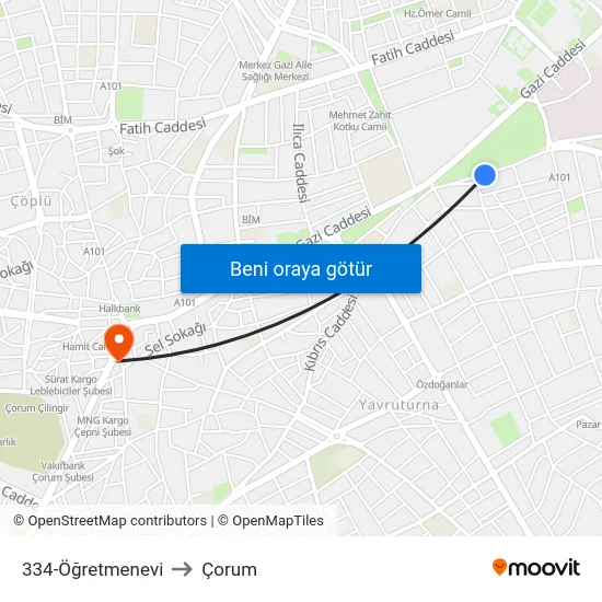 334-Öğretmenevi to Çorum map