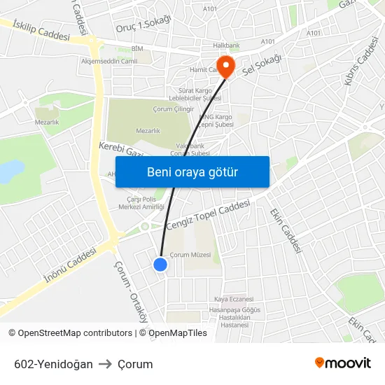 602-Yenidoğan to Çorum map