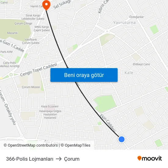 366-Polis Lojmanları to Çorum map