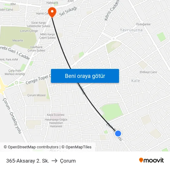 365-Aksaray 2. Sk. to Çorum map