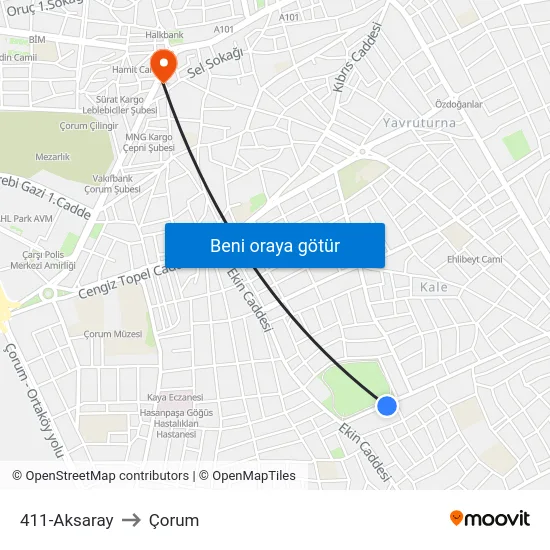 411-Aksaray to Çorum map