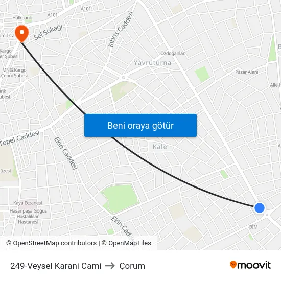 249-Veysel Karani Cami to Çorum map