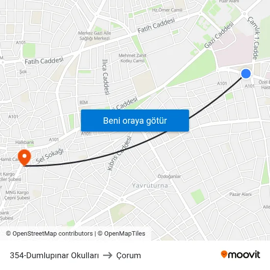 354-Dumlupınar Okulları to Çorum map