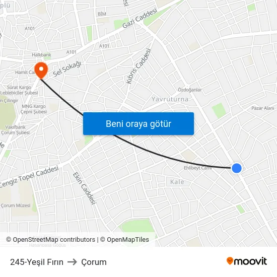245-Yeşil Fırın to Çorum map