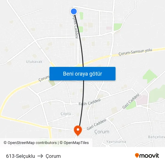 613-Selçuklu to Çorum map