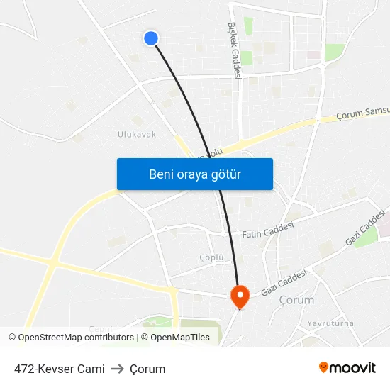 472-Kevser Cami to Çorum map