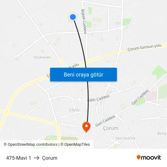 475-Mavi 1 to Çorum map