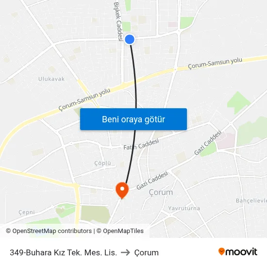 349-Buhara Kız Tek. Mes. Lis. to Çorum map