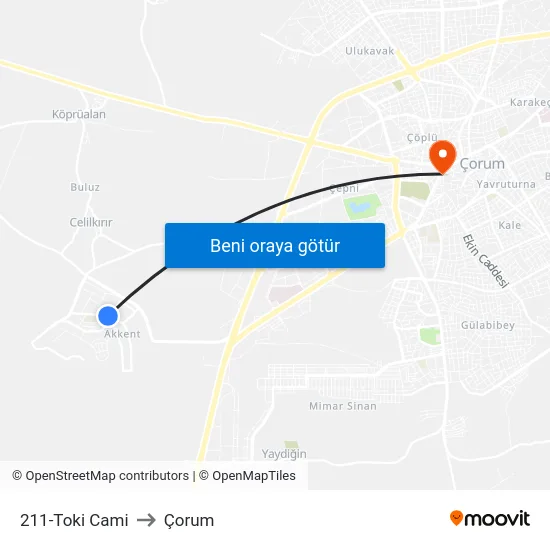211-Toki Cami to Çorum map