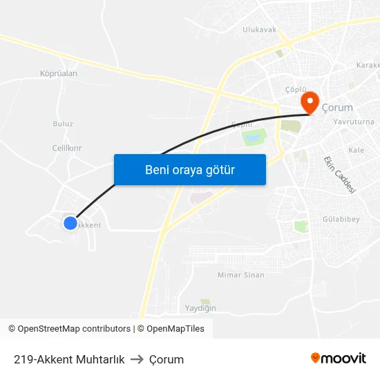 219-Akkent Muhtarlık to Çorum map