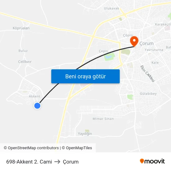698-Akkent 2. Cami to Çorum map