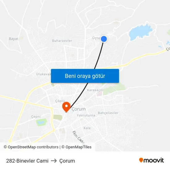 282-Binevler Cami to Çorum map