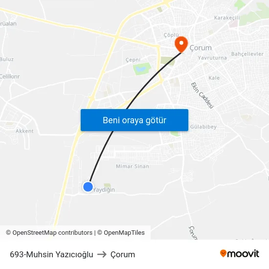 693-Muhsin Yazıcıoğlu to Çorum map