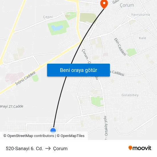 520-Sanayi 6. Cd. to Çorum map