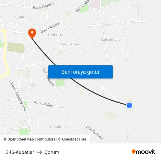 346-Kubatlar to Çorum map