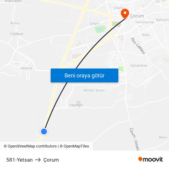 581-Yetsan to Çorum map