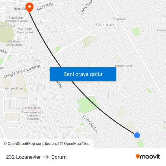 232-Lozanevler to Çorum map