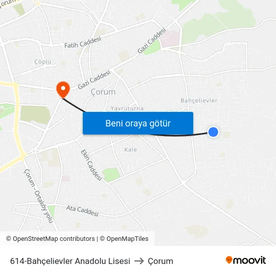 614-Bahçelievler Anadolu Lisesi to Çorum map