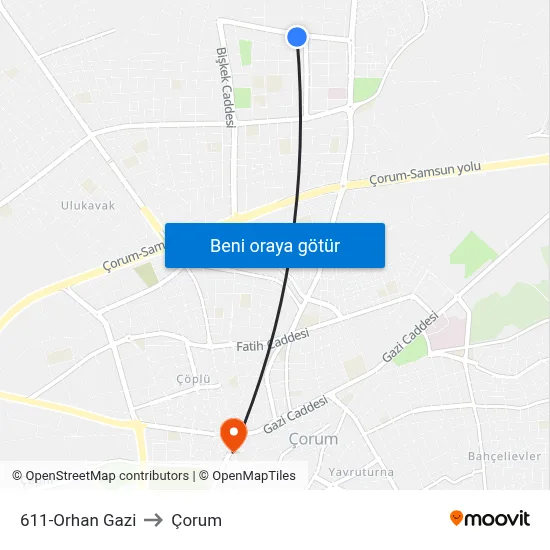 611-Orhan Gazi to Çorum map