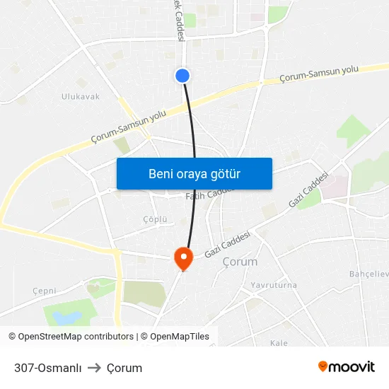 307-Osmanlı to Çorum map