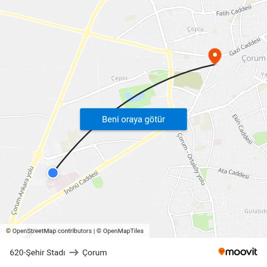 620-Şehir Stadı to Çorum map
