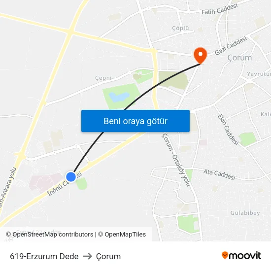 619-Erzurum Dede to Çorum map