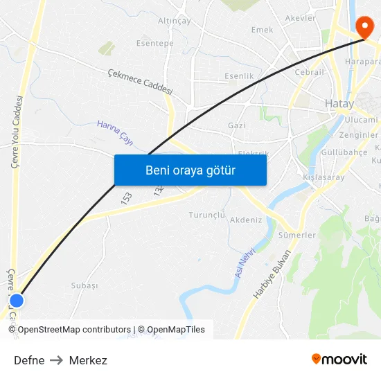 Defne to Merkez map