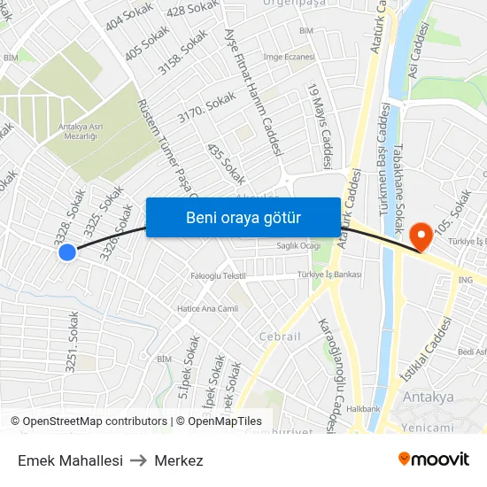 Emek Mahallesi to Merkez map
