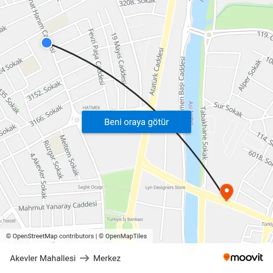 Akevler Mahallesi to Merkez map