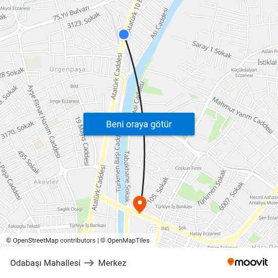 Odabaşı Mahallesi to Merkez map