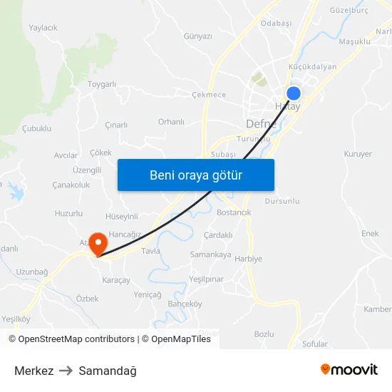 Merkez to Samandağ map