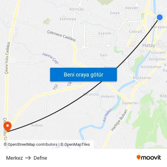 Merkez to Defne map