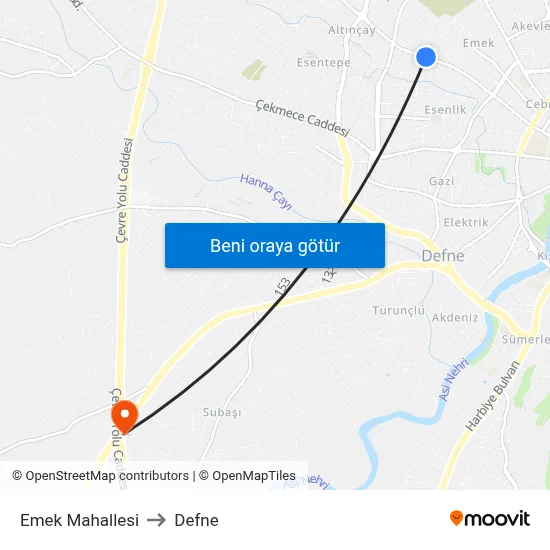 Emek Mahallesi to Defne map