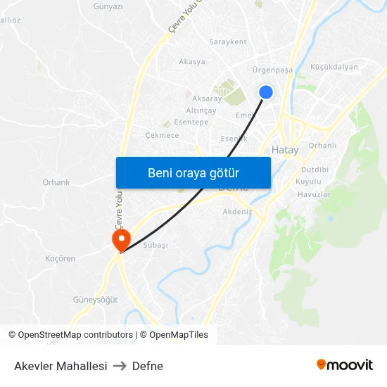 Akevler Mahallesi to Defne map