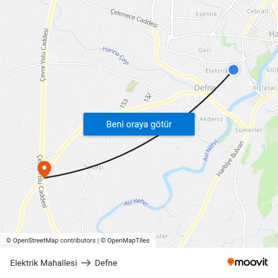 Elektrik Mahallesi to Defne map