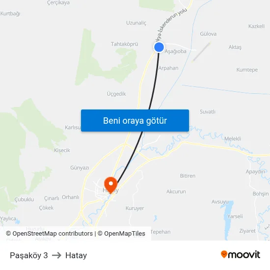 Paşaköy 3 to Hatay map