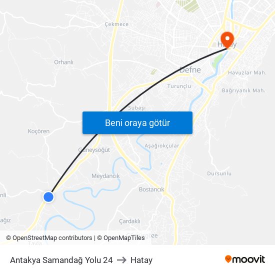 Antakya Samandağ Yolu 24 to Hatay map