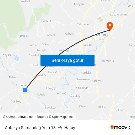 Antakya Samandağ Yolu 13 to Hatay map