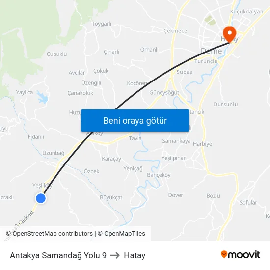 Antakya Samandağ Yolu 9 to Hatay map