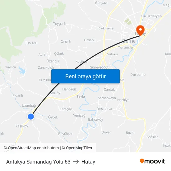 Antakya Samandağ Yolu 63 to Hatay map