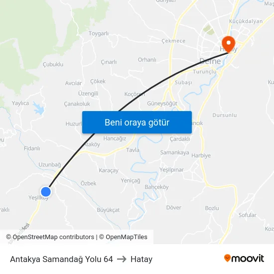 Antakya Samandağ Yolu 64 to Hatay map
