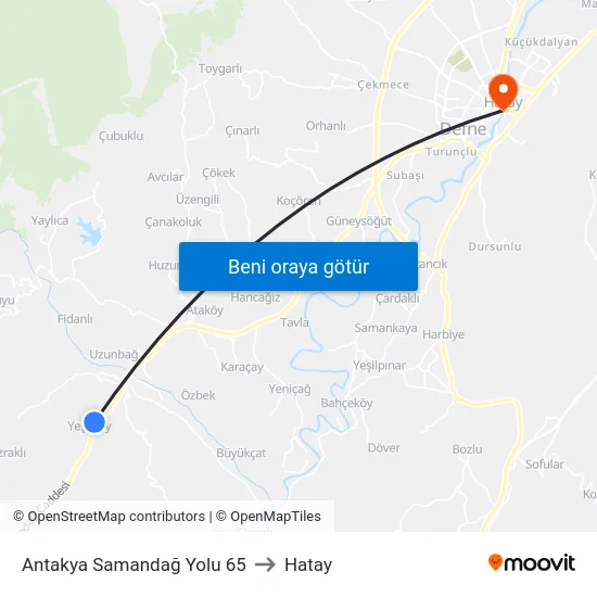 Antakya Samandağ Yolu 65 to Hatay map