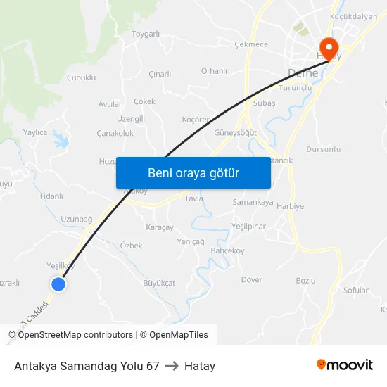 Antakya Samandağ Yolu 67 to Hatay map