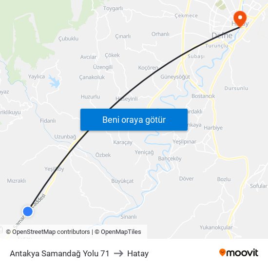 Antakya Samandağ Yolu 71 to Hatay map