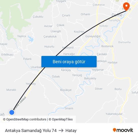 Antakya Samandağ Yolu 74 to Hatay map