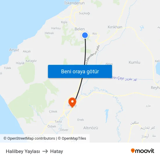 Halilbey Yaylası to Hatay map