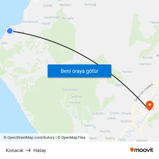 Konacık to Hatay map
